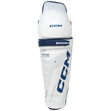 Load image into Gallery viewer, CCM Hockey Shin Guards CCM Tacks Vector Premier Source Exclusive (2024) Junior White/Blue front
