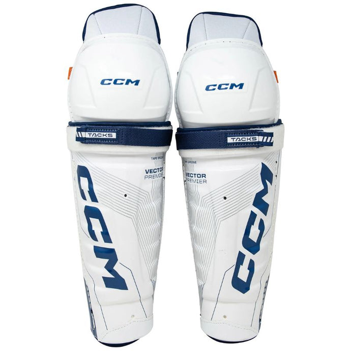 CCM Hockey Shin Guards CCM Tacks Vector Premier Source Exclusive (2024) Senior White/Blue front of both, side by side