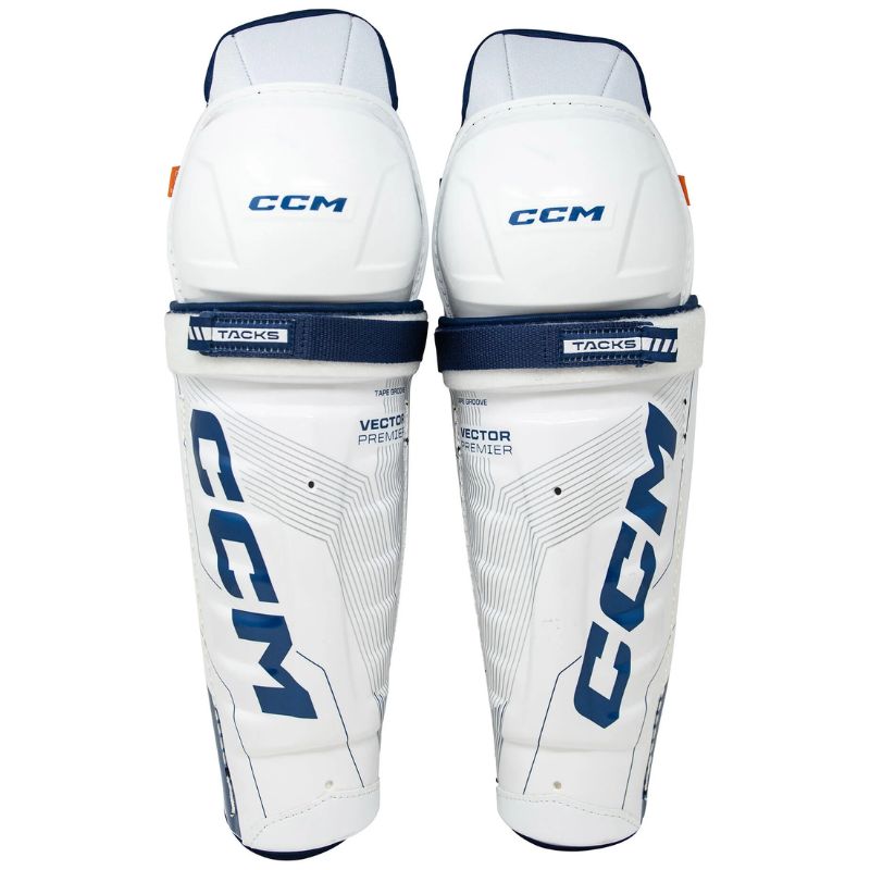 CCM Hockey Shin Guards CCM Tacks Vector Premier Source Exclusive (2024) Senior White/Blue front of both, side by side
