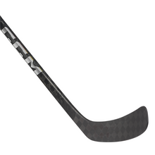 Load image into Gallery viewer, CCM Hockey Sticks CCM Ribcor Trigger 9K (2024) Junior Black/Blue/Purple diagonal side with close-up of blade pointing right
