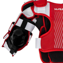 Load image into Gallery viewer, CCM Ice Hockey Goalie Chest Protectors CCM YTFlex 3 Youth White/Red back focus on left arm
