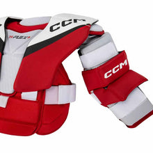 Load image into Gallery viewer, CCM Ice Hockey Goalie Chest Protectors CCM YTFlex 3 Youth White/Red front focus on left arm
