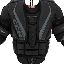 Load image into Gallery viewer, close up front view black CCM S23 Extreme Flex E6.5 Ice Hockey Goalie Chest Protector - Junior

