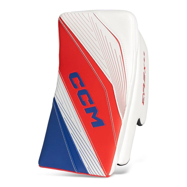 front of blocker view white navy and red CCM S23 Extreme Flex E6.9 Ice Hockey Goalie Blocker - Senior