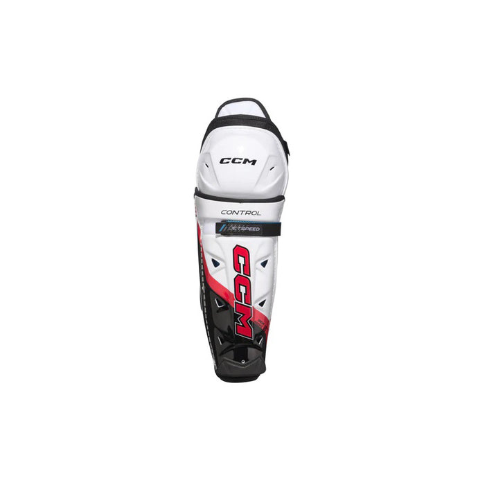 front view white red black CCM S23 Jetspeed Control Ice Hockey Shin Guards - Senior