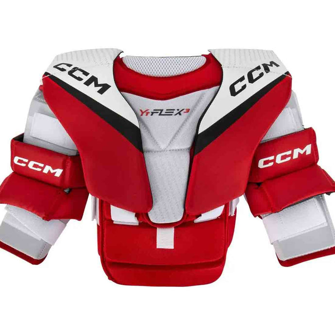 Front view red and white CCM YTFlex 3 Ice Hockey Goalie Chest Protector