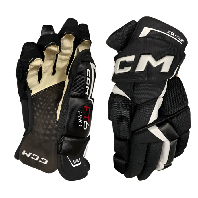 CCM Jetspeed FT6 Pro Hockey Gloves Senior 2023 black/white front (palm) of right glove and back of left glove