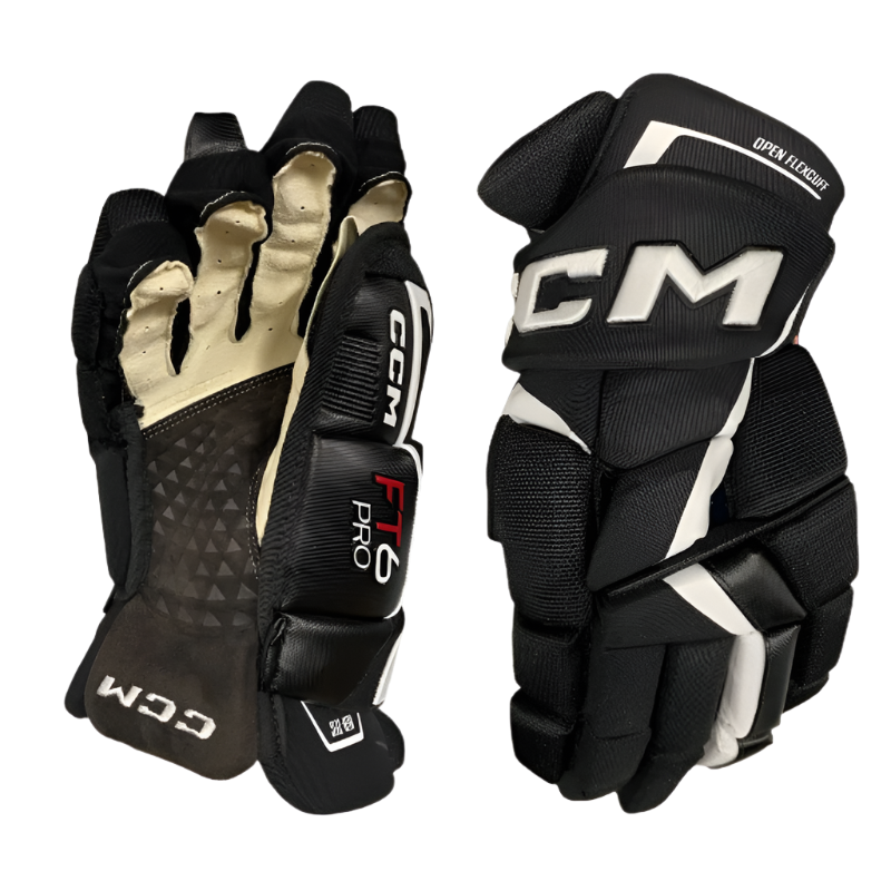 CCM Jetspeed FT6 Pro Hockey Gloves Senior 2023 black/white front (palm) of right glove and back of left glove