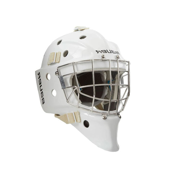 tilted front view of white Bauer S21 950 Ice Hockey Goalie Mask - Senior