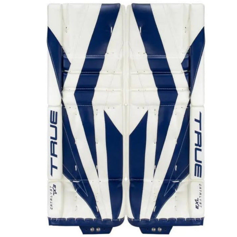 True Goalie Leg Pads True Catalyst 7X3 Intermediate White/Royal front of both pads