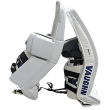 Load image into Gallery viewer, Vaughn Goalie Leg Pads Vaughn V9 Pro Return Senior White/Blue side facing right of both pads
