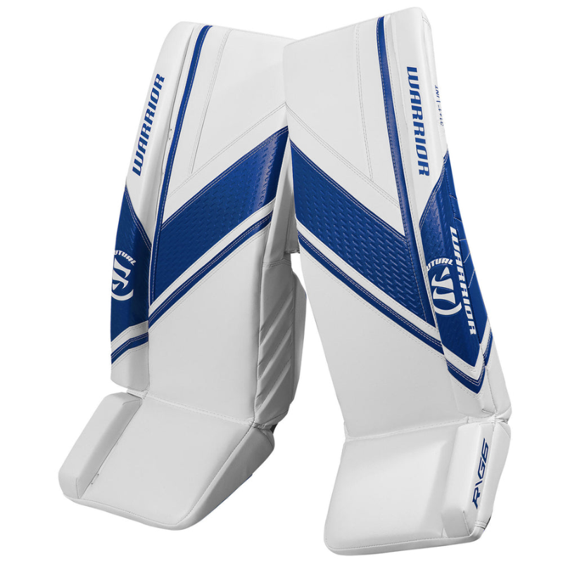 Warrior Goalie Leg Pads Warrior Ritual G6 E+ Intermediate White/Royal 2022 front of both pads