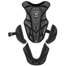 Load image into Gallery viewer, Warrior Lacrosse Chest Pad Warrior Nemesis front split into parts to show 3-part construction
