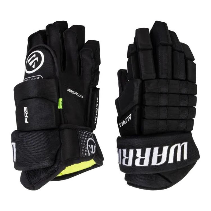full view palm and hand black Warrior S23 Alpha FR2 Ice Hockey Gloves - Senior