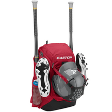 Load image into Gallery viewer, Easton Walk-Off NX Baseball Backpack 2023  red front with 2 bats, shoes, water bottle, helmet attached to the outside
