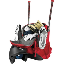 Load image into Gallery viewer, Easton Walk-Off NX Baseball Backpack 2023  red front with 2 bats, shoes attached to the outside showing main compartment open with gloves and clothes showing, helmet in front of bag
