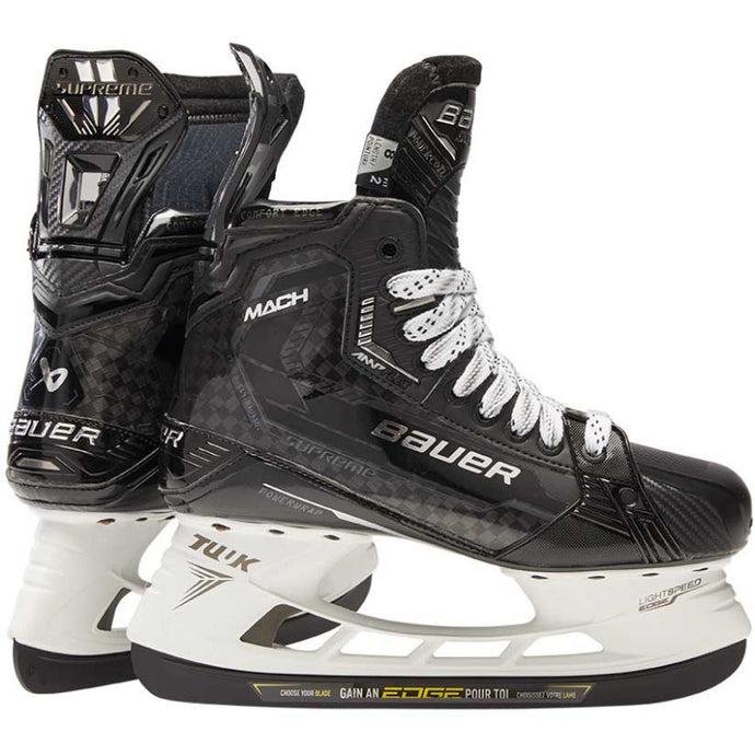 Bauer Hockey Skates Bauer S22 Supreme Mach Intermediate Black back of one skate and side of the other facing right