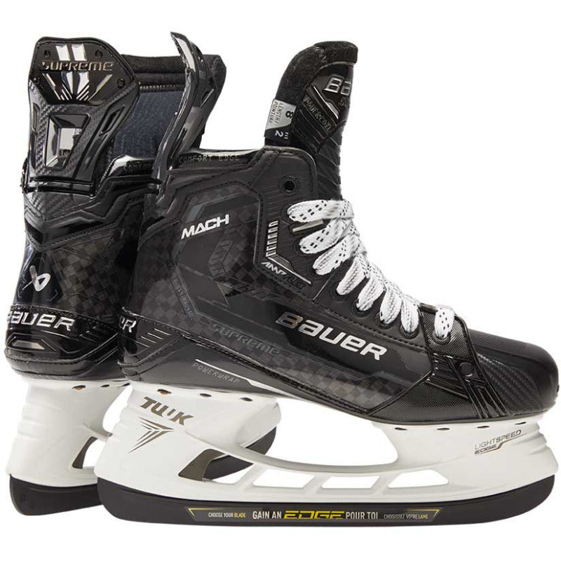 Bauer Hockey Skates Bauer S22 Supreme Mach Intermediate Black back of one skate and side of the other facing right