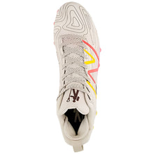Load image into Gallery viewer, New Balance NB Field Lacrosse Cleats New Balance NB FreezeLX v4 LE Adult Tan Energy Red Purple top of right shoe pointing up

