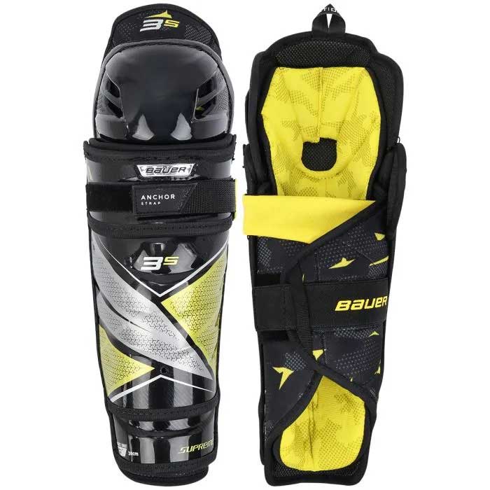 Bauer S21 Supreme 3S Ice Hockey Shin Guards (Junior) full front and back view