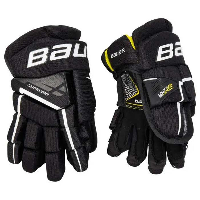 Picture of the black/white Bauer S21 Supreme Ultrasonic Ice Hockey Gloves (Youth)