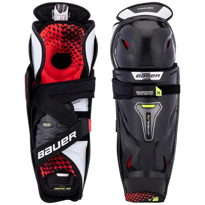 Full front and back view picture of the Bauer S22 Vapor Hyperlite Ice Hockey Shin Guards (Senior)