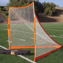 Load image into Gallery viewer, Bownet 6&#39; x 6&#39; x 7&#39; Full-Size Field Lacrosse Goal full view with roller case
