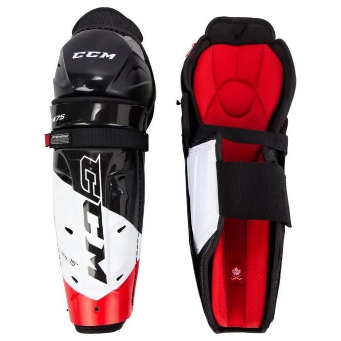 CCM Jetspeed FT475 Ice Hockey Shin Guards (Junior) full front and back view