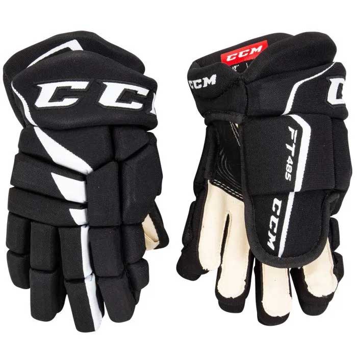 Full front and back picture of the black/white CCM Jetspeed FT485 Ice Hockey Gloves (Junior)