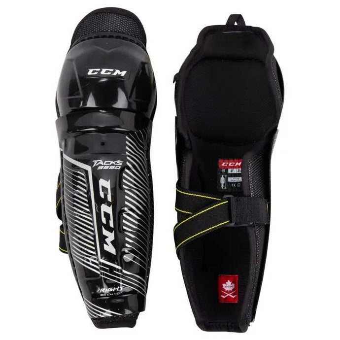Full front and back picture of the CCM S21 Tacks 9550 Ice Hockey Shin Guards (Youth)