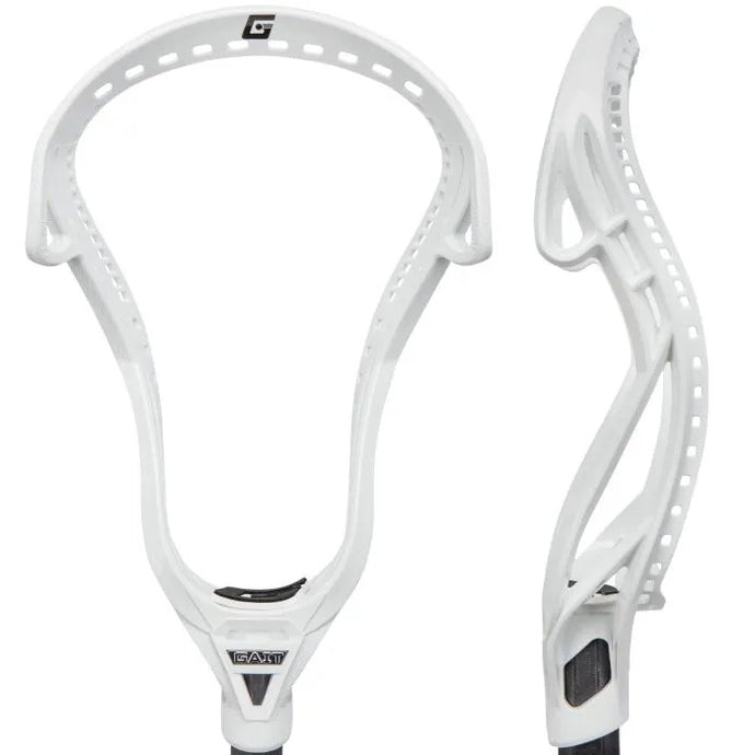 Front and side picture of the white Gait D Unstrung Lacrosse Head