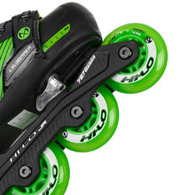 Load image into Gallery viewer, Close-up picture of the Hi-Lo chassis and wheels on the Mission S21 Lil Ripper Adjustable Roller Hockey Skate (Junior)
