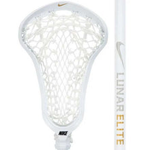 Load image into Gallery viewer, Picture of the white/white/gold Nike Lunar Elite 3 Women&#39;s Complete Lacrosse Stick
