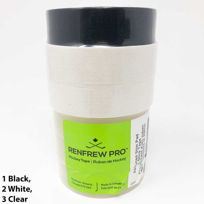 Renfrew Cloth Hockey Tape Assorted Multi-Pack 1 black/2 white/3 clear