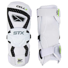 Load image into Gallery viewer, Picture of the white STX Cell V Lacrosse Arm Guards
