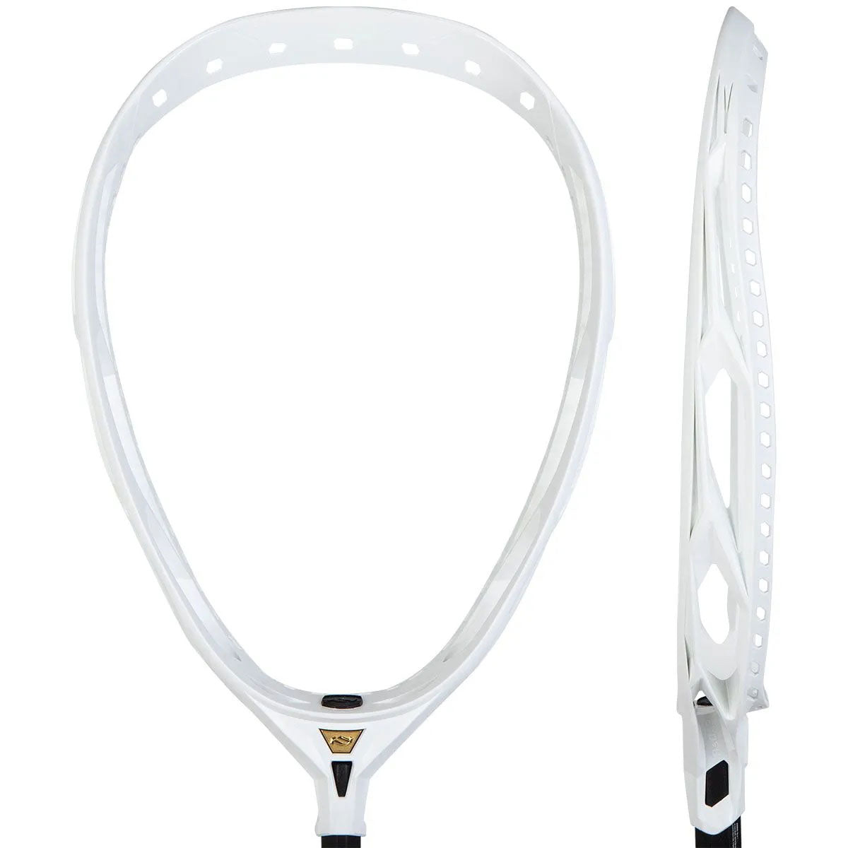 Front and side picture of the True RADAR Unstrung Goalie Lacrosse Head