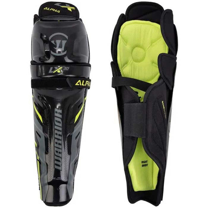 Warrior Alpha LX 30 Ice Hockey Shin Guards (Junior) full front and back view