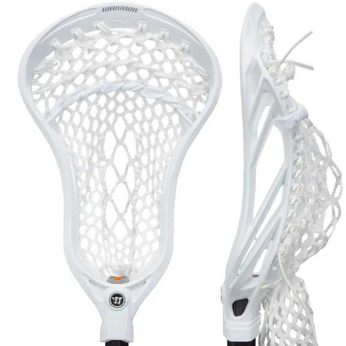 Full front and side view picture of the Warrior Burn XP Defense Iso Warp Strung Lacrosse Head