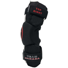 Load image into Gallery viewer, Warrior Team Canada Lax Elbow Guards (Youth) side view with straps
